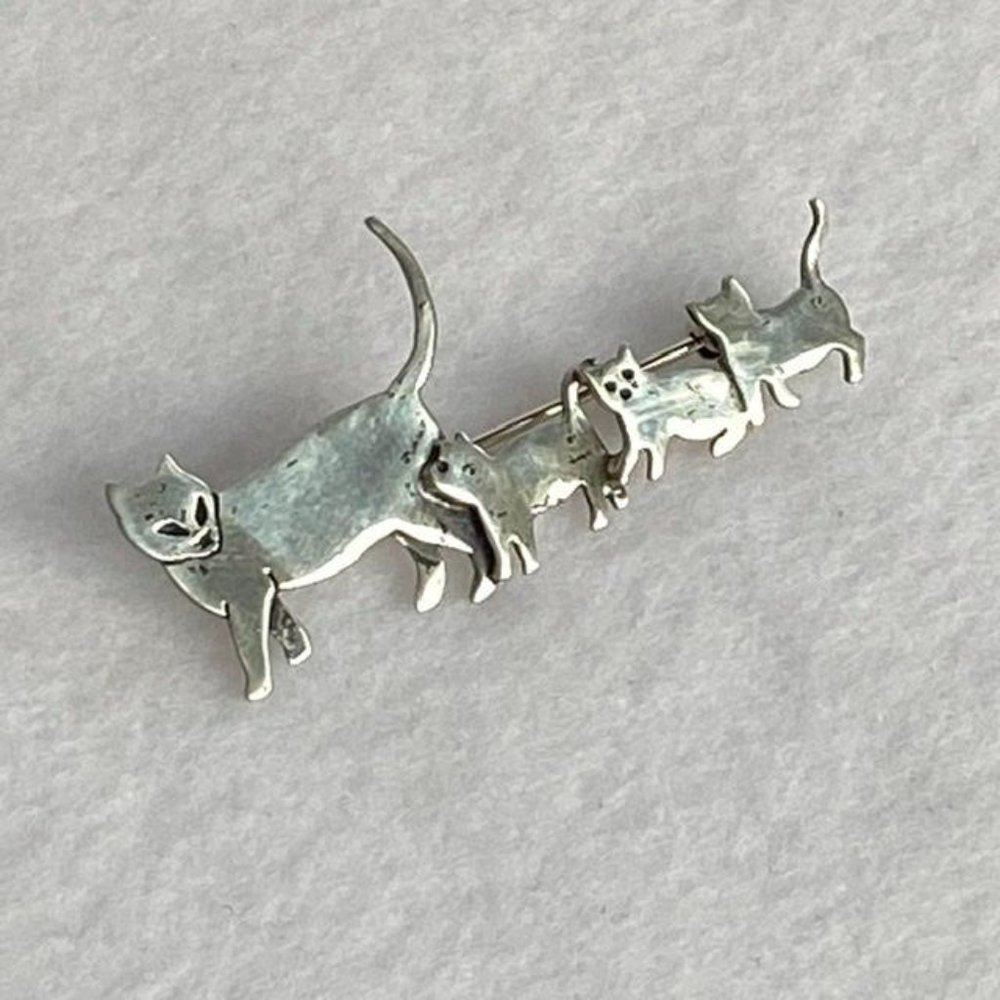 VTG Sterling Silver Mama Cat 3 Kittens Brooch Great Falls Metal Works GFMW 925 - Picture 3 of 11